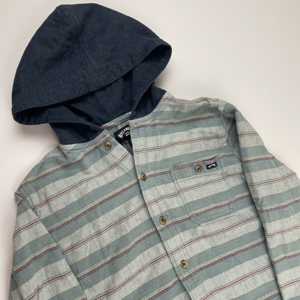 Billabong Hooded Flannel Shirt Youth L Large Baja Button Up Chest Pocket Surfer